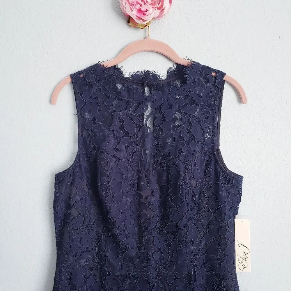 Eliza‎ J Navy High Neck Lace Sheath Dress - Picture 3 of 8